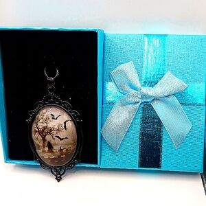 Gothic Metal Cameo Choker Graveyard Scene Necklace with Chain + Gift Box New